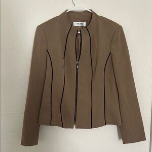 Camel Brown Zip Up Pleated Blazer Jacket with Black Accents